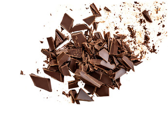 Falling Chocolate pieces and  shavings  isolated on white background.