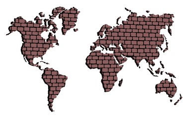 Map of the world made of red bricks. The outline of the world on a white background.
Countries and continents. Stock vector.