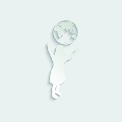 paper girl holding the earth.  child care of planet icon. globe in children hands