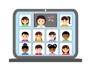 Distance learning. Online Class. Study from home via Teleconference Web Video. Online education concept.  Vector illustration.