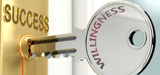 Willingness and success - pictured as word Willingness on a key, to symbolize that Willingness helps achieving success and prosperity in life and business, 3d illustration