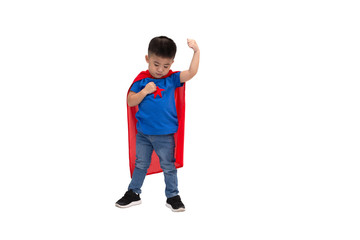 Asian boy with funny little power of hero isolated on white background, Superhero concept