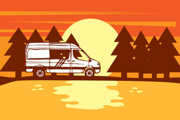 Blue and yellow van with forest and mountains in the background. Living van life, camping in the nature, sitting at fire, travelling. Illustration. © Anna