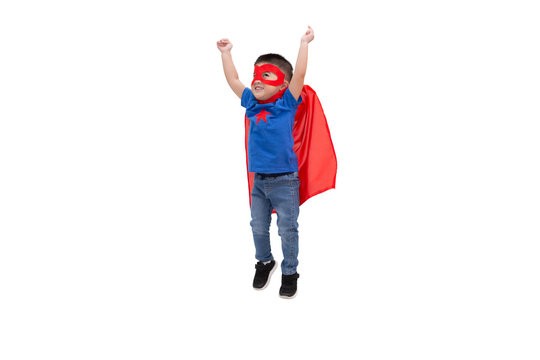 Asian boy jumping with funny little power of hero isolated on white background, Superhero concept