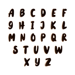 Chocolate alphabet from A to Z isolated on white background. Collection of big letters made of chocolate syrup, top view