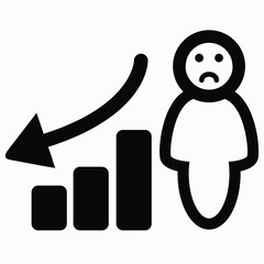 Icon decrease graphic with person. Illustration of the work of a manager. Labor productivity. Personnel Management. Employee Efficiency. Vector icon