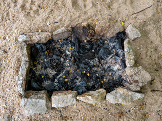 Charcoal texture after a bonfire. Black coals background