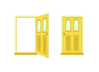 Open and close doors. Flat cartoon style vector illustration.