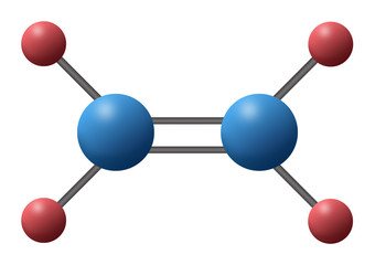 3d illustration of alkene chemistry chemical compound is C2H4 with double bond called Ethylene composed of two carbon atoms joined in four hydrogen atoms. 