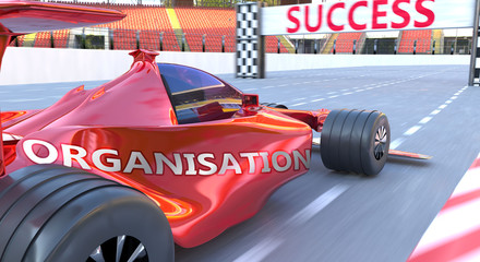 Fototapeta premium Organisation and success - pictured as word Organisation and a f1 car, to symbolize that Organisation can help achieving success and prosperity in life and business, 3d illustration