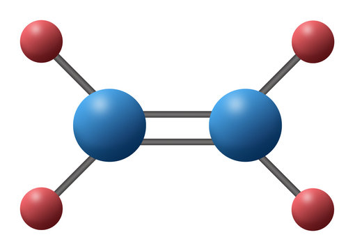 3d illustration of alkene chemistry chemical compound is C2H4 with double bond called Ethylene composed of two carbon atoms joined in four hydrogen atoms. 