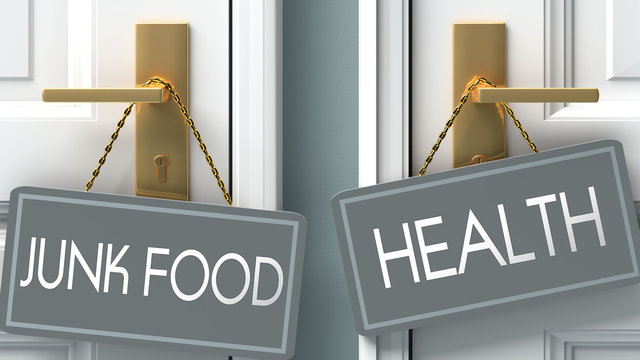 health or junk food as a choice in life - pictured as words junk food, health on doors to show that junk food and health are different options to choose from, 3d illustration