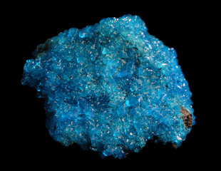 Blue Covelline or Covellite Crystals isolated on a black background. Copper sulfide (CuS), from Etna volcano. Mineral of volcanic origin