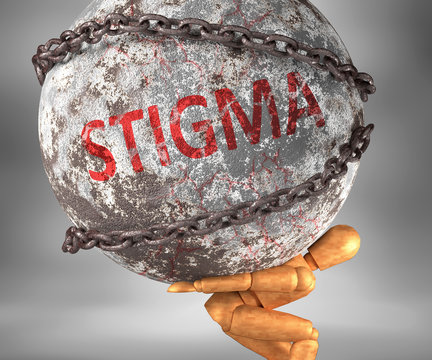 Stigma and hardship in life - pictured by word Stigma as a heavy weight on shoulders to symbolize Stigma as a burden, 3d illustration