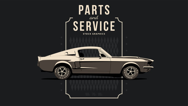 Template with muscle car in vector. Car shown from side with perspective.