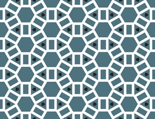 Seamless geometric pattern, texture or background vector in blue, white, black colors.