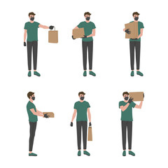 Concept of online delivery during quarantine, set of a courier in a respiratory mask with a box, package in his hands. Vector illustration, white isolated background. 