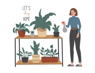 Let's stay home, do your favorite hobby, a young girl watering flowers in her cozy house, urban jungle in apartments. Vector illustration in cartoon flat style. 