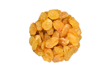 Yellow dry raisins isolated on white background. Top view