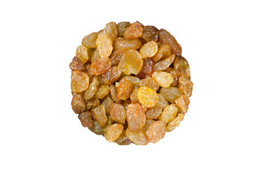 Brown dry raisins isolated on white background. Top view