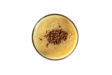 A glass with orange-banana smoothie isolated on a white background