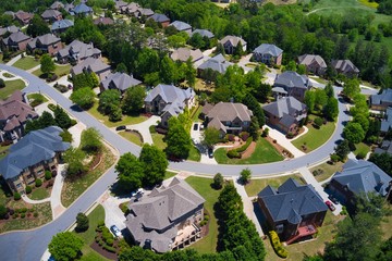 Panoramic aerial view of a beautiful subdivision in an upscale neighborhood in Georgia, USA
