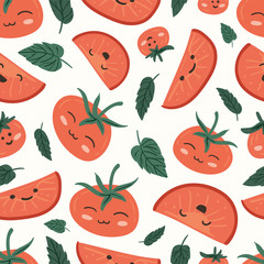 Fresh red tomatoes vector illustrations. Seamless pattern background. hand draw cartoon Scandinavian nordic design style for fashion or interior or cover or textile.