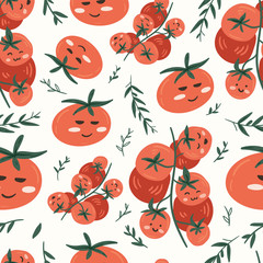 Fresh red tomatoes vector illustrations. Seamless pattern background. hand draw cartoon Scandinavian nordic design style for fashion or interior or cover or textile.