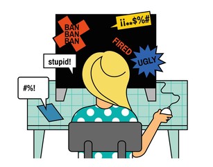 Cyber bullying concept illustration. Threats being spread by public in internet towards one person causing job loss and other problems