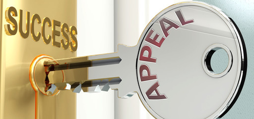 Appeal and success - pictured as word Appeal on a key, to symbolize that Appeal helps achieving success and prosperity in life and business, 3d illustration