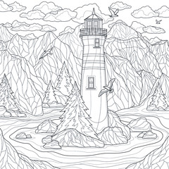Beautiful landscape. A lighthouse on a background of mountains, and seagulls flying around.Coloring book antistress for children and adults. Illustration isolated on white background. Outline style.