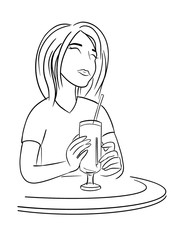 Silhouette of a girl with a drink in a cafe on a white background. Digital illustration.