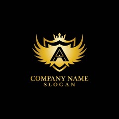 Letter A Shield, Wing and Crown gold in elegant style with black background for Business Logo Template Design, Emblem, Design concept, Creative Symbol, Icon