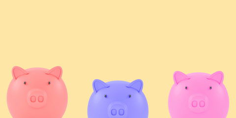 illustration three piggy bank Different colors Looking forwards on the yellow background. There is space to put text. design. 3d rendering