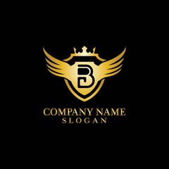 Letter B Shield, Wing and Crown gold in elegant style with black background for Business Logo Template Design, Emblem, Design concept, Creative Symbol, Icon