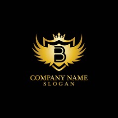 Letter B Shield, Wing and Crown gold in elegant style with black background for Business Logo Template Design, Emblem, Design concept, Creative Symbol, Icon