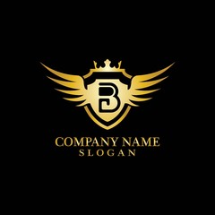 Letter B Shield, Wing and Crown gold in elegant style with black background for Business Logo Template Design, Emblem, Design concept, Creative Symbol, Icon