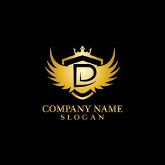 Letter D Shield, Wing and Crown gold in elegant style with black background for Business Logo Template Design, Emblem, Design concept, Creative Symbol, Icon