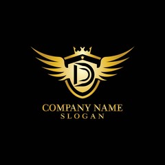 Letter D Shield, Wing and Crown gold in elegant style with black background for Business Logo Template Design, Emblem, Design concept, Creative Symbol, Icon