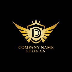 Letter D Shield, Wing and Crown gold in elegant style with black background for Business Logo Template Design, Emblem, Design concept, Creative Symbol, Icon