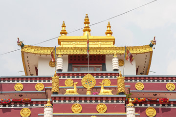 View of tibetan buddhist Drugon Jangchu Monastery with golden roof and decorations in Thamel...