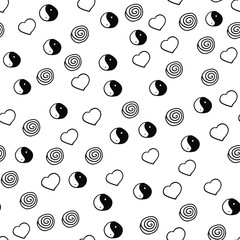 Seamless pattern of yin yang sign, circles, hearts, symbols of love, harmony, peace. Texture, wallpaper, for web, print. 