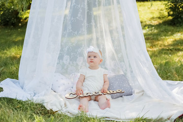A little girl is sitting under a canopy on a white blanket in a Park. A cute girl looks away in a white dress and headband in nature. Baby girl holding a sign " Happiness" © Яна Айбазова