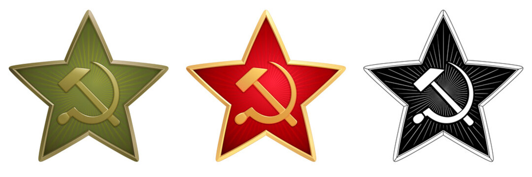 Vector set of Soviet stars for military side caps. Field (green), ceremonial (red) and monochrome (black) signs with a Hammer and Sickle. Historical symbol of old Red Army of USSR. Realistic details.