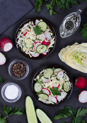 Salad of fresh cabbage, radish, cucumber and parsley on a dark background top view