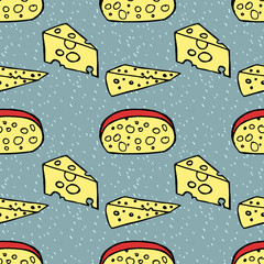 Cheese seamless pattern. Hand drawn color doodle vector illustration.