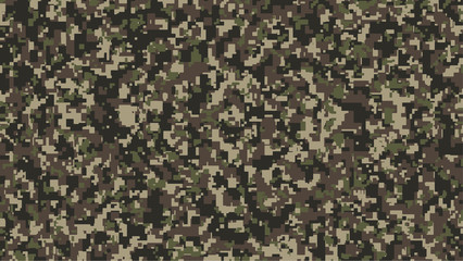 Brown, green and black Pixel Camouflage. Khaki Digital Camo background, military pattern, army and sport clothing, urban fashion. Vector Format. 16:9 aspect ratio.