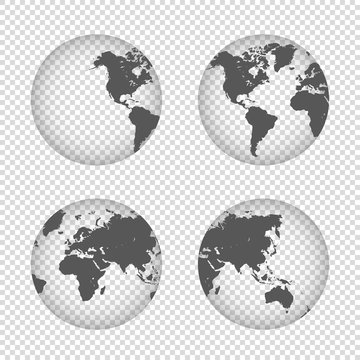 Earth globe collection icons. Hemispheres with continents on transparent background. Four map. Vector.