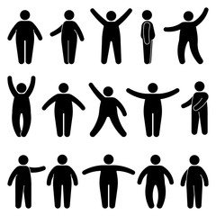 Fat stick figure man standing front, side view in different poses vector icon illustration set. Obese male hands up, waving, pointing, showing silhouette pictogram on white