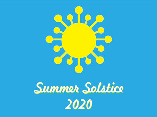 Summer solstice 2020 greeting card with covid 19 coronavirus instead of the sun